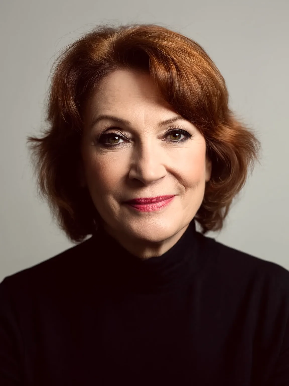 Medium-Length Warm Auburn Feathered Bob with Side Bangs